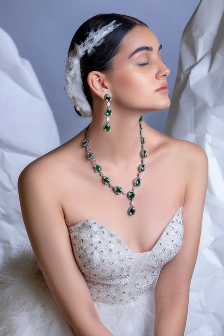 Curio Cottage Emerald Droplet Cubic Zirconia Necklace Set 