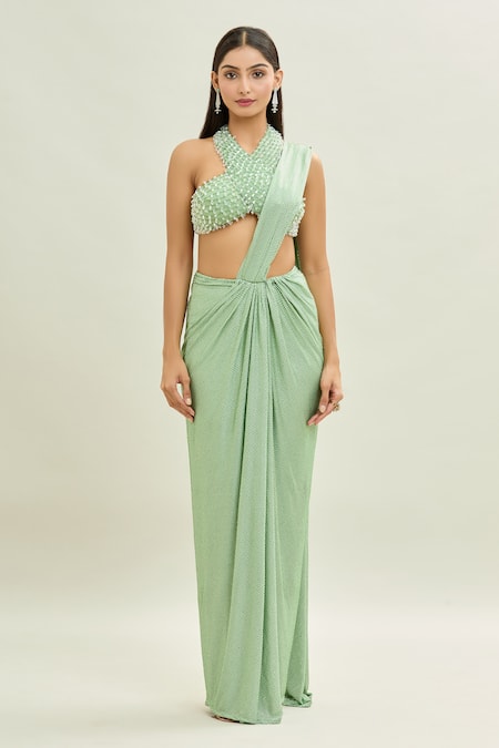 Shop_Aaryaa By Kashveen Kohli_Green Net, Lycra Crystals, Rhinestones Shimmer And Embroidered Saree With Blouse _Online_at_Aza_Fashions