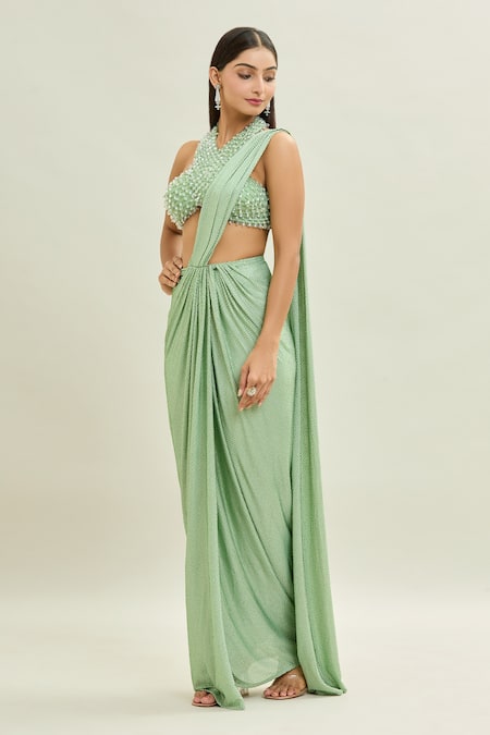 Aaryaa By Kashveen Kohli_Green Net, Lycra Crystals, Rhinestones Shimmer And Embroidered Saree With Blouse _at_Aza_Fashions