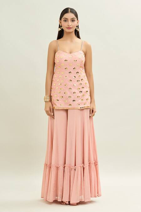 Aaryaa By Kashveen Kohli Peach Silk, Chiffon Embroidery, Applique Sweetheart Acrylic Kurta Sharara Set at Aza Fashions Aaryaa By Kashveen Kohli_Peach Silk, Chiffon Embroidery, Applique Sweetheart Acrylic Kurta Sharara Set _at_Aza_Fashions