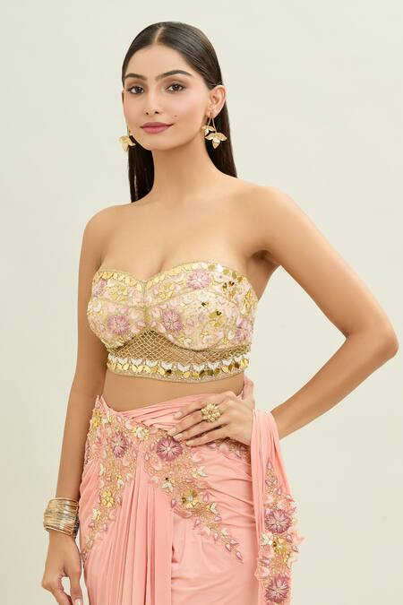 Aaryaa By Kashveen Kohli_Peach Net, Lycra Embroidery Sweetheart Neck Pre-draped Saree With Blouse _Online_at_Aza_Fashions