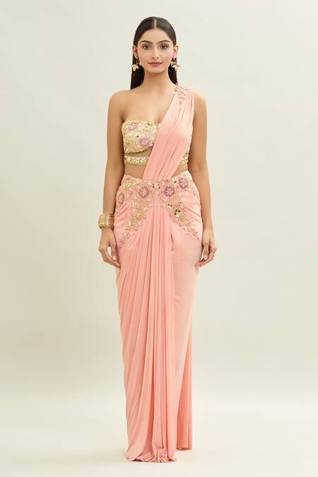 Buy_Aaryaa By Kashveen Kohli_Peach Net, Lycra Embroidery Sweetheart Neck Pre-draped Saree With Blouse _Online_at_Aza_Fashions