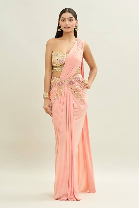 Shop_Aaryaa By Kashveen Kohli_Peach Net, Lycra Embroidery Sweetheart Neck Pre-draped Saree With Blouse _Online_at_Aza_Fashions