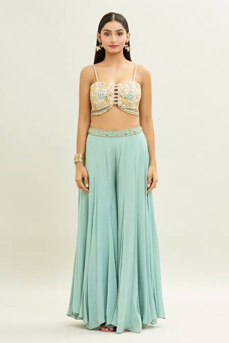 Shop Aaryaa By Kashveen Kohli Blue Net, Chiffon Embroidery Sweetheart Neck Cutwork Blouse Palazzo Set Online at Aza Fashions Shop_Aaryaa By Kashveen Kohli_Blue Net, Chiffon Embroidery Sweetheart Neck Cutwork Blouse Palazzo Set _Online_at_Aza_Fashions