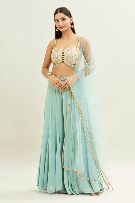 Aaryaa By Kashveen Kohli Blue Net, Chiffon Embroidery Sweetheart Neck Cutwork Blouse Palazzo Set at Aza Fashions Aaryaa By Kashveen Kohli_Blue Net, Chiffon Embroidery Sweetheart Neck Cutwork Blouse Palazzo Set _at_Aza_Fashions