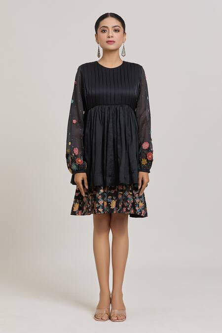 Shreeka_Black Modal, Silk Organza, Satin Embroidery, Applique 3d Bloom Tiered Dress _Online_at_Aza_Fashions