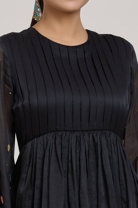 Buy_Shreeka_Black Modal, Silk Organza, Satin Embroidery, Applique 3d Bloom Tiered Dress _Online_at_Aza_Fashions