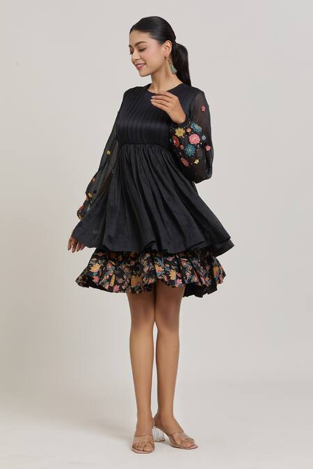 Shop_Shreeka_Black Modal, Silk Organza, Satin Embroidery, Applique 3d Bloom Tiered Dress _Online_at_Aza_Fashions