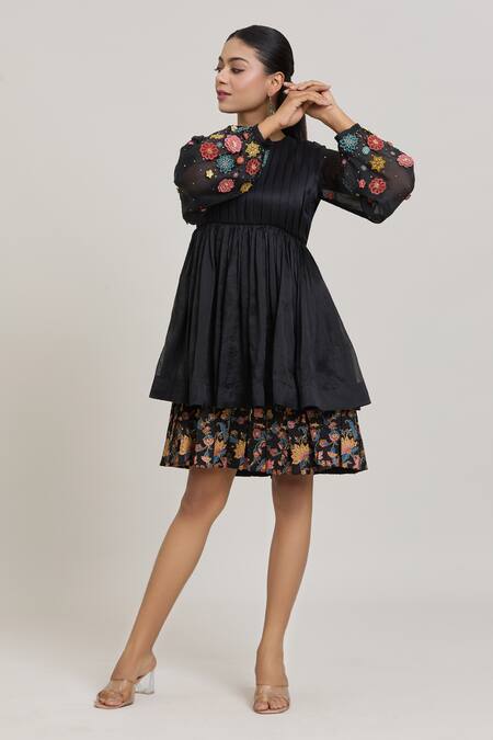 Shreeka_Black Modal, Silk Organza, Satin Embroidery, Applique 3d Bloom Tiered Dress _at_Aza_Fashions