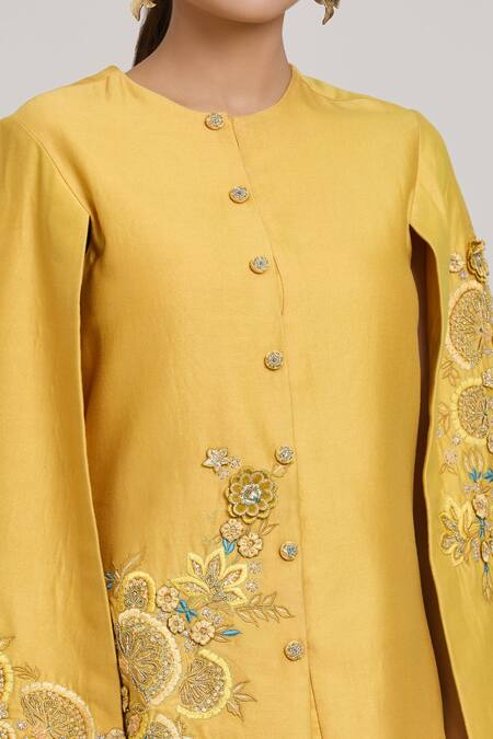 Buy_Shreeka_Yellow Chanderi, Silk Embroidery 3d Embellished Floral Bunch Cape Jacket Set _Online_at_Aza_Fashions