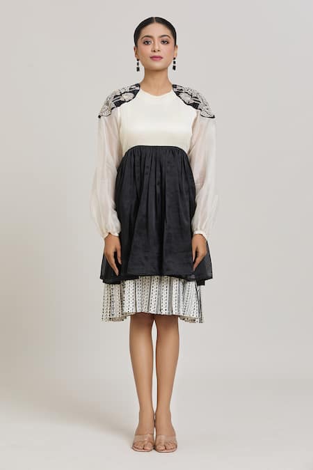 Shreeka_Black Modal, Silk Organza Embroidery Pearl Bloom Shoulder Patch Tiered Dress _Online_at_Aza_Fashions