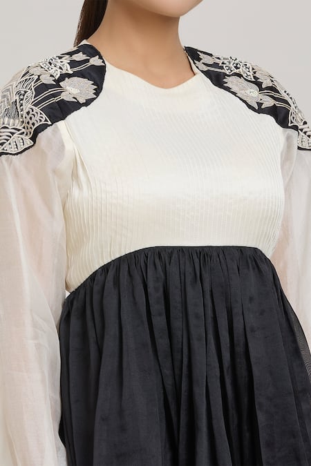 Buy_Shreeka_Black Modal, Silk Organza Embroidery Pearl Bloom Shoulder Patch Tiered Dress _Online_at_Aza_Fashions