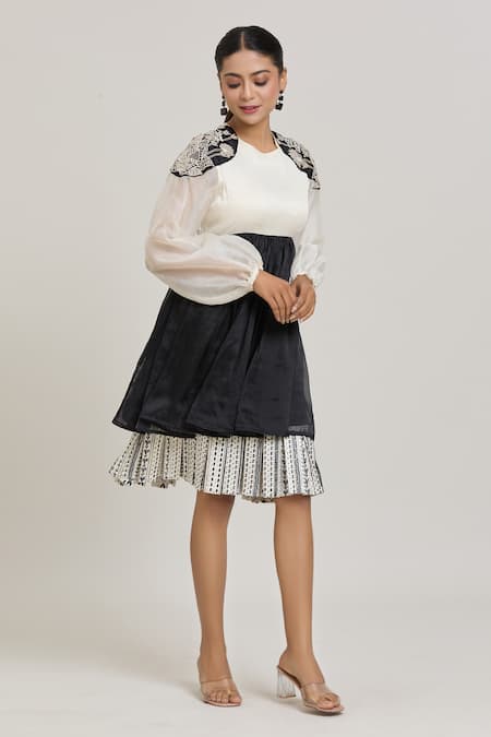 Shop_Shreeka_Black Modal, Silk Organza Embroidery Pearl Bloom Shoulder Patch Tiered Dress _Online_at_Aza_Fashions