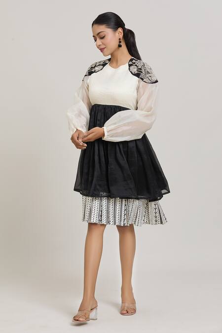 Shreeka_Black Modal, Silk Organza Embroidery Pearl Bloom Shoulder Patch Tiered Dress _at_Aza_Fashions