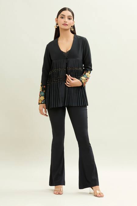 Shop_Shreeka_Black Crepe, Lycra Sequins Floral Burst Embellished Pleated Cape Jacket Set _Online_at_Aza_Fashions