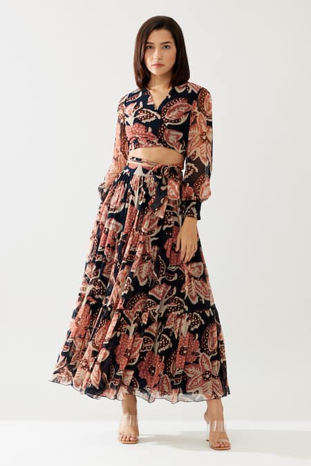 Koai_Blue Chiffon Floral Print Layered Skirt _Online_at_Aza_Fashions