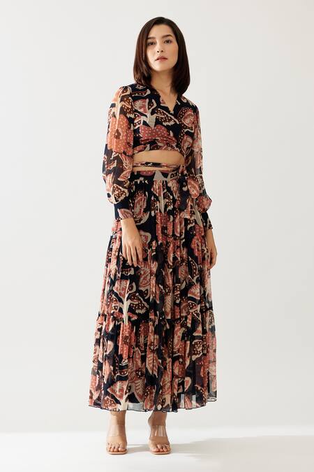 Buy_Koai_Blue Chiffon Floral Print Layered Skirt _Online_at_Aza_Fashions