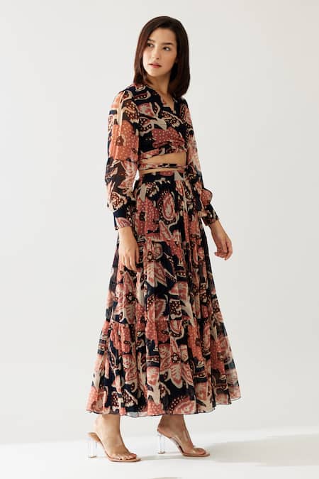 Shop_Koai_Blue Chiffon Floral Print Layered Skirt _Online_at_Aza_Fashions