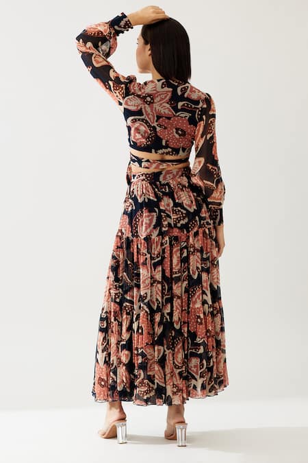Shop_Koai_Blue Chiffon Floral Print Layered Skirt _at_Aza_Fashions