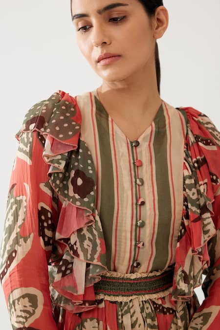 Koai Multi Color Cotton Ruffles V-neck Floral Print Frill Top at Aza Fashions Koai_Multi Color Cotton Ruffles V-neck Floral Print Frill Top _at_Aza_Fashions