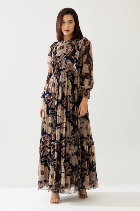 Koai_Blue Chiffon Bandeau Neck Flower Print Maxi Dress _Online_at_Aza_Fashions