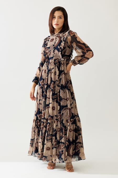 Buy_Koai_Blue Chiffon Bandeau Neck Flower Print Maxi Dress _Online_at_Aza_Fashions