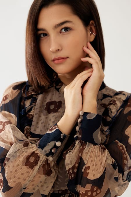 Koai_Blue Chiffon Bandeau Neck Flower Print Maxi Dress _at_Aza_Fashions