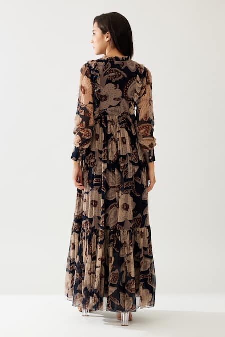 Shop_Koai_Blue Chiffon Bandeau Neck Flower Print Maxi Dress _at_Aza_Fashions