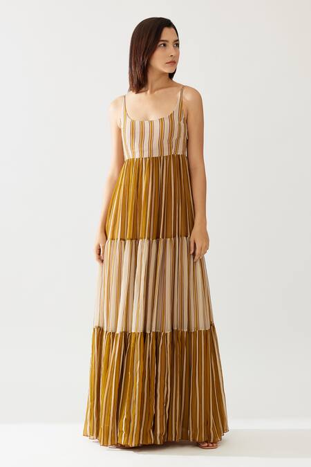 Koai Yellow Chiffon Round Neck Stripe Print Dress Online at Aza Fashions Koai_Yellow Chiffon Round Neck Stripe Print Dress _Online_at_Aza_Fashions