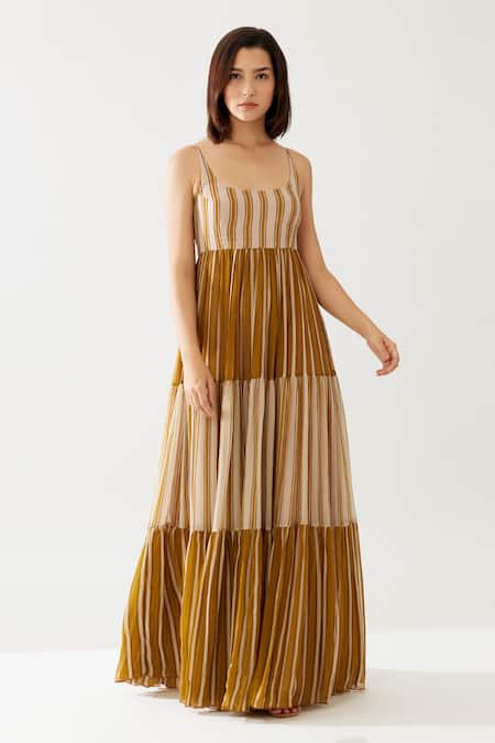 Buy Koai Yellow Chiffon Round Neck Stripe Print Dress Online at Aza Fashions Buy_Koai_Yellow Chiffon Round Neck Stripe Print Dress _Online_at_Aza_Fashions