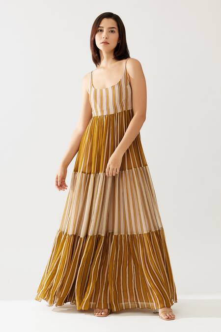 Shop Koai Yellow Chiffon Round Neck Stripe Print Dress Online at Aza Fashions Shop_Koai_Yellow Chiffon Round Neck Stripe Print Dress _Online_at_Aza_Fashions