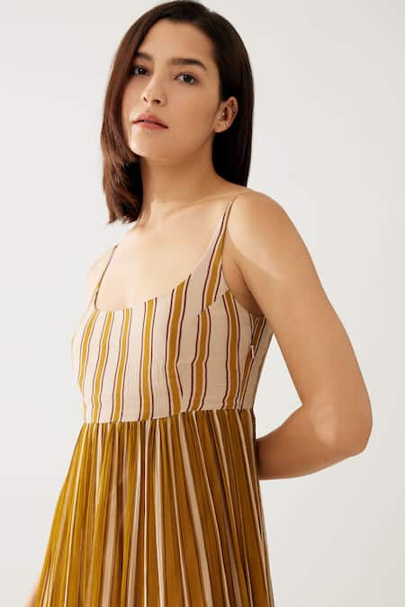 Koai Yellow Chiffon Round Neck Stripe Print Dress at Aza Fashions Koai_Yellow Chiffon Round Neck Stripe Print Dress _at_Aza_Fashions