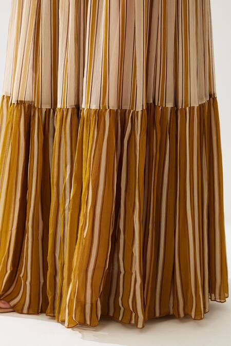 Buy Koai Yellow Chiffon Round Neck Stripe Print Dress Buy_Koai_Yellow Chiffon Round Neck Stripe Print Dress