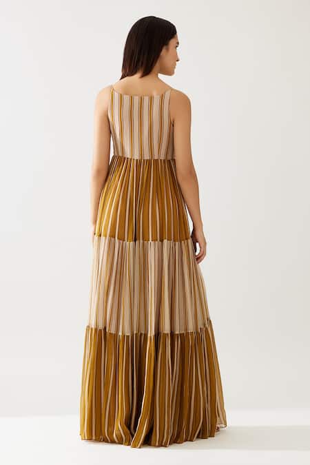 Shop Koai Yellow Chiffon Round Neck Stripe Print Dress at Aza Fashions Shop_Koai_Yellow Chiffon Round Neck Stripe Print Dress _at_Aza_Fashions