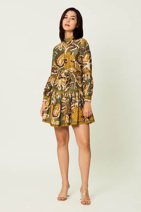 Koai_Green Chiffon Collared Botanical Print Dress _Online_at_Aza_Fashions