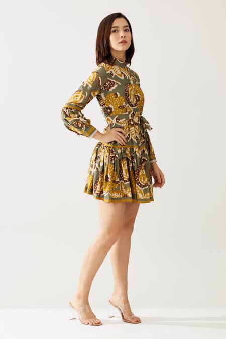Buy_Koai_Green Chiffon Collared Botanical Print Dress _Online_at_Aza_Fashions
