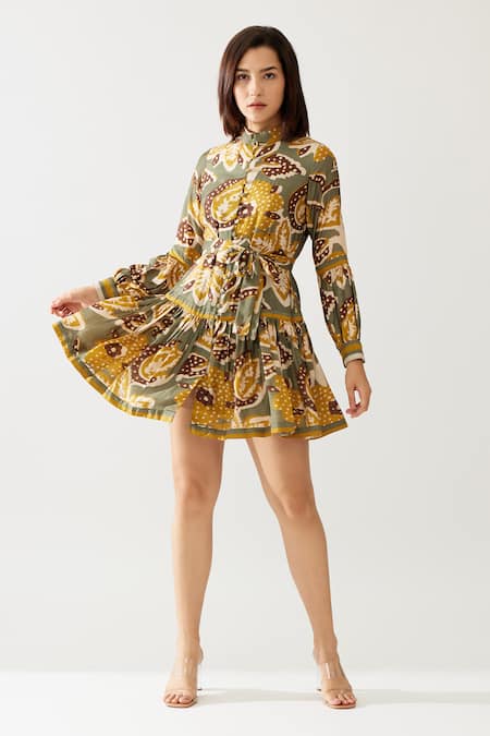 Shop_Koai_Green Chiffon Collared Botanical Print Dress _Online_at_Aza_Fashions