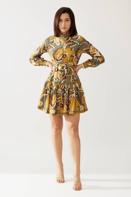 Koai_Green Chiffon Collared Botanical Print Dress _at_Aza_Fashions