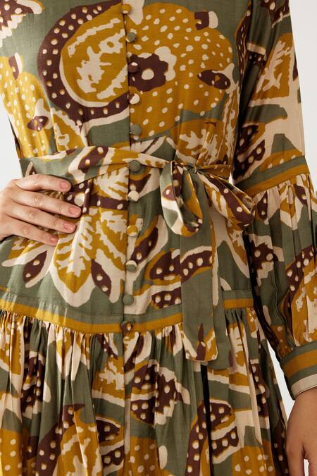 Buy_Koai_Green Chiffon Collared Botanical Print Dress 