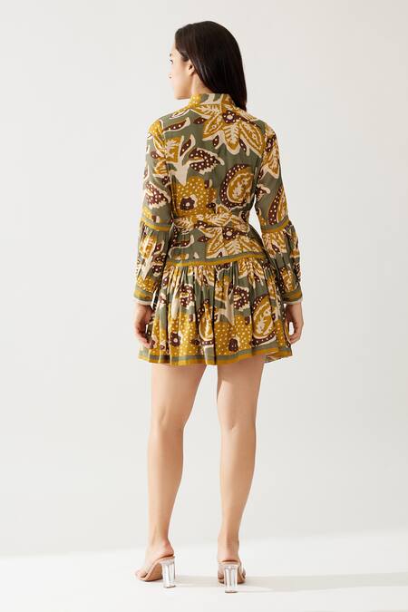 Shop_Koai_Green Chiffon Collared Botanical Print Dress _at_Aza_Fashions