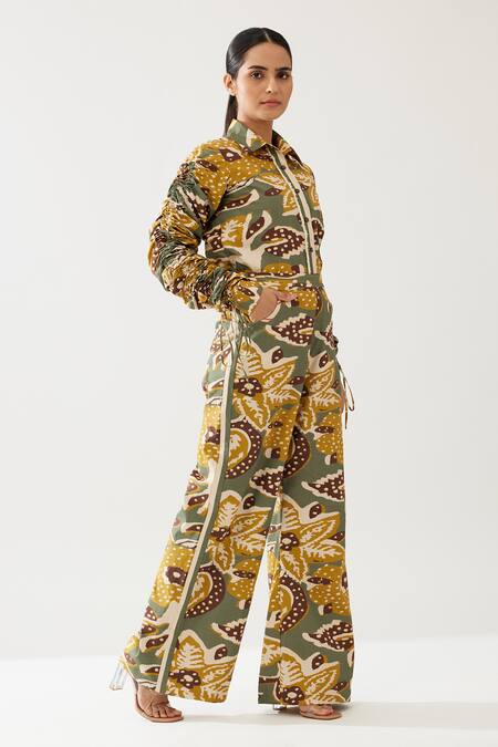 Shop Koai Green Poplin Collared Botanical Print Shirt Online at Aza Fashions Shop_Koai_Green Poplin Collared Botanical Print Shirt _Online_at_Aza_Fashions