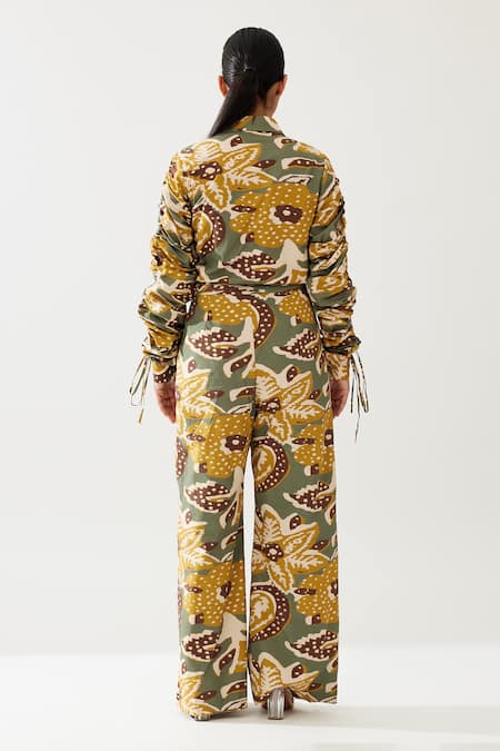 Shop Koai Green Poplin Collared Botanical Print Shirt at Aza Fashions Shop_Koai_Green Poplin Collared Botanical Print Shirt _at_Aza_Fashions