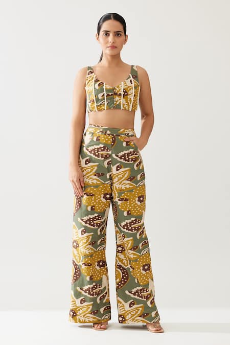 Koai Green Cotton Botanical Print Flared Pant Online at Aza Fashions Koai_Green Cotton Botanical Print Flared Pant _Online_at_Aza_Fashions