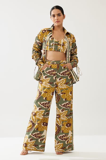 Koai Green Cotton Botanical Print Flared Pant at Aza Fashions Koai_Green Cotton Botanical Print Flared Pant _at_Aza_Fashions
