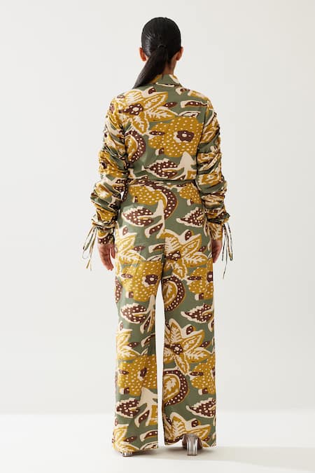 Shop Koai Green Cotton Botanical Print Flared Pant at Aza Fashions Shop_Koai_Green Cotton Botanical Print Flared Pant _at_Aza_Fashions