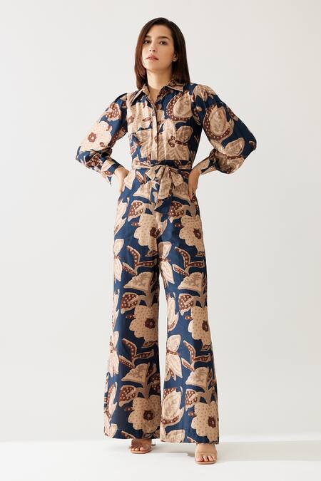Koai Blue Cotton, Silk Embroidery Collared Printed Jumpsuit Online at Aza Fashions Koai_Blue Cotton, Silk Embroidery Collared Printed Jumpsuit _Online_at_Aza_Fashions