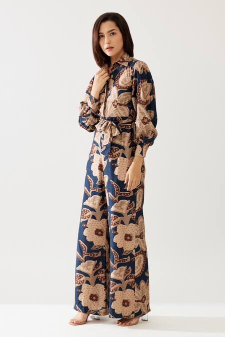 Shop Koai Blue Cotton, Silk Embroidery Collared Printed Jumpsuit Online at Aza Fashions Shop_Koai_Blue Cotton, Silk Embroidery Collared Printed Jumpsuit _Online_at_Aza_Fashions