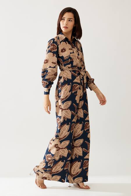 Koai Blue Cotton, Silk Embroidery Collared Printed Jumpsuit at Aza Fashions Koai_Blue Cotton, Silk Embroidery Collared Printed Jumpsuit _at_Aza_Fashions
