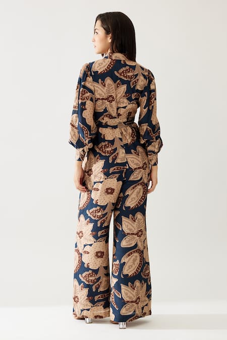 Shop Koai Blue Cotton, Silk Embroidery Collared Printed Jumpsuit at Aza Fashions Shop_Koai_Blue Cotton, Silk Embroidery Collared Printed Jumpsuit _at_Aza_Fashions