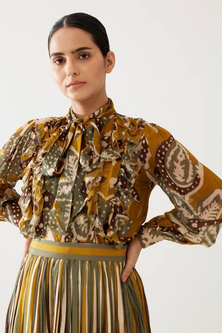 Koai_Green Collared Flower Print Frill Top _at_Aza_Fashions